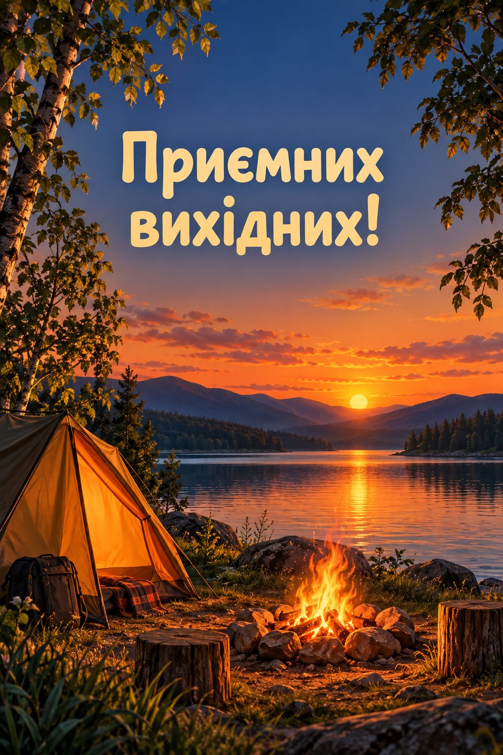 Листівка доброго ранку: намет і вогнище біля озера, напис «Приємних вихідних!»