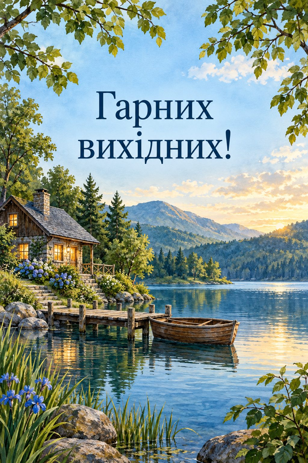 Листівка доброго ранку: будиночок біля озера й човен біля причалу, напис «Гарних вихідних!»