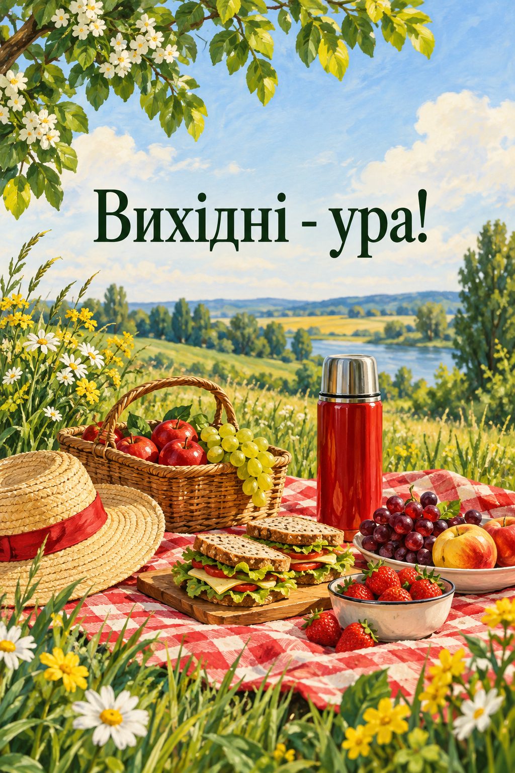 Листівка доброго ранку: плед для пікніка з фруктами на лузі, напис «Вихідні - ура!»