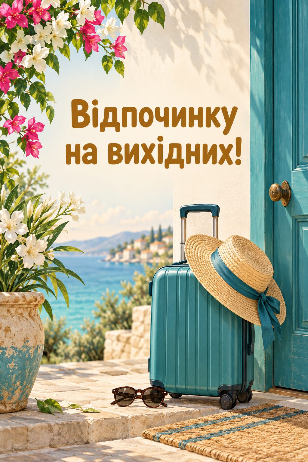 Листівка доброго ранку: маленька валіза, капелюх і окуляри біля дверей, напис «Відпочинку на вихідних!»