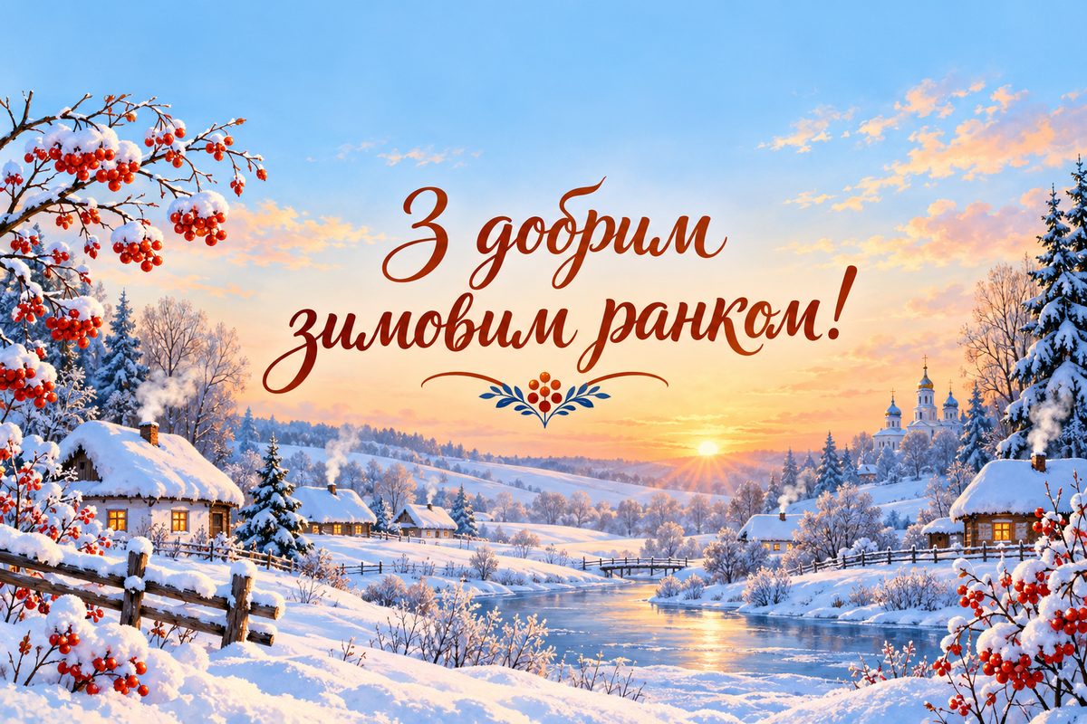 Листівка доброго ранку: зимове українське село на світанку, напис «З добрим зимовим ранком!»