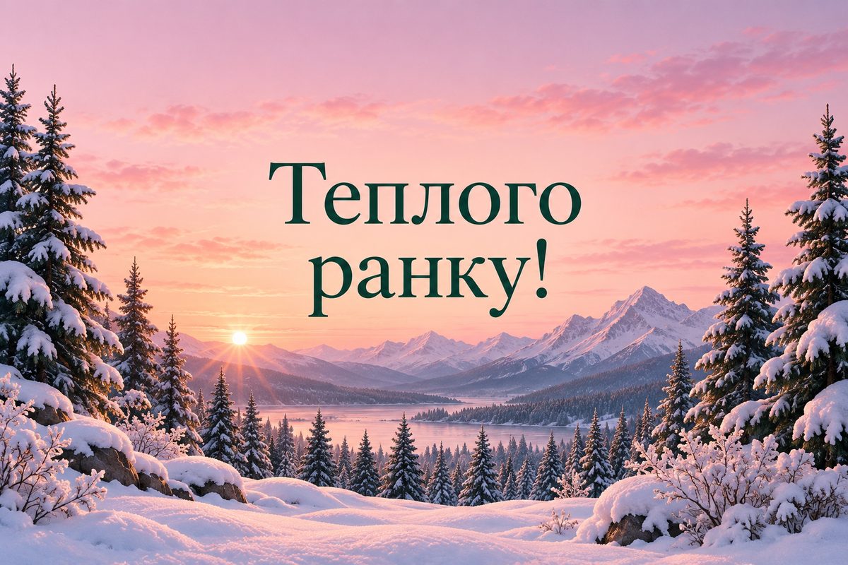 Листівка доброго ранку: зимовий ліс на світанку, напис «Теплого ранку!»