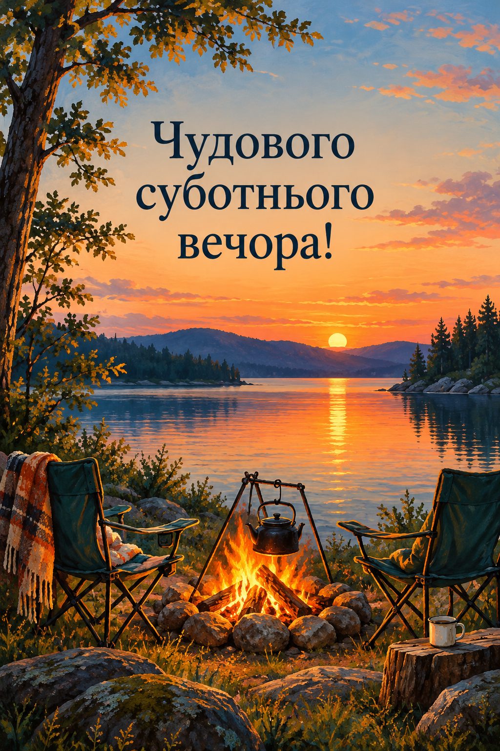 Листівка доброго вечора: багаття з чайником біля озера в сутінках, напис «Чудового суботнього вечора!»