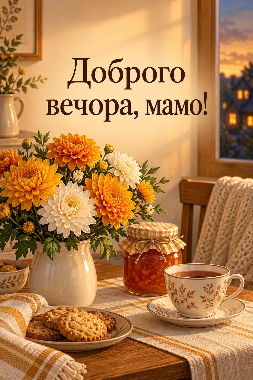 Листівка доброго вечора: чай, варення й хризантеми на кухонному столі, напис «Доброго вечора, мамо!»