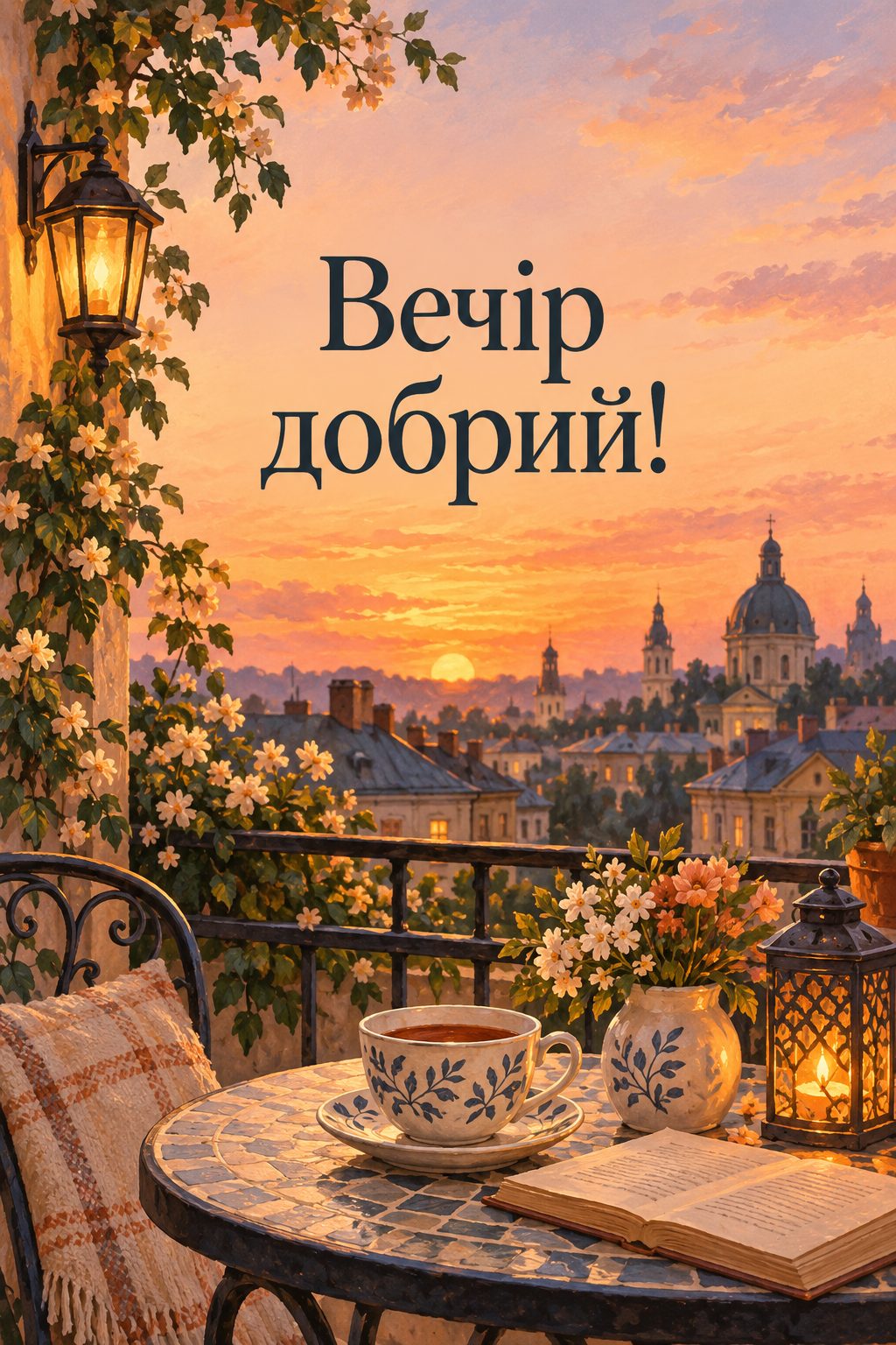 Листівка доброго вечора: чашка чаю на балконі й дахи на заході сонця, напис «Вечір добрий!»