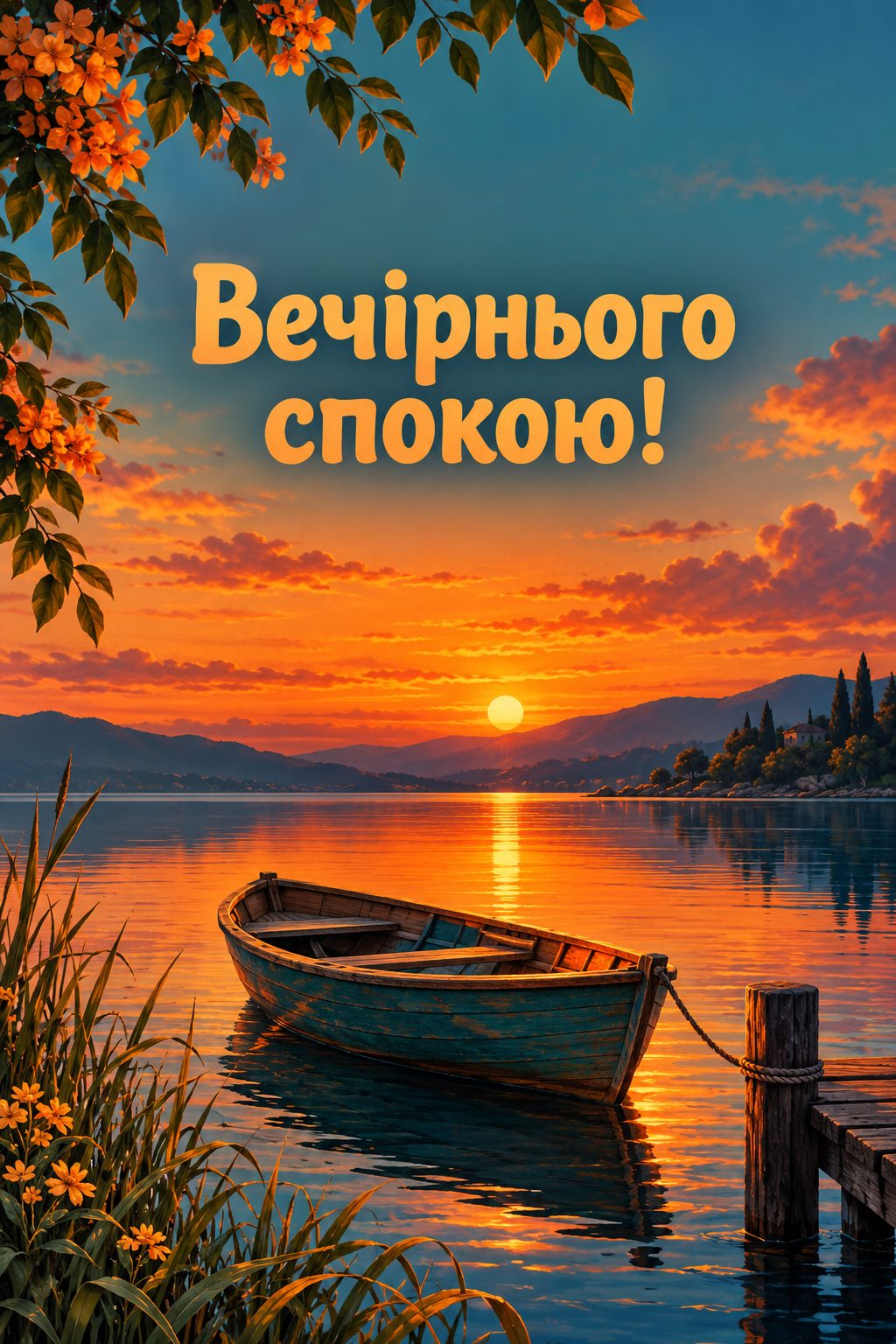 Листівка доброго вечора: човен на тихій воді в променях заходу, напис «Вечірнього спокою!»