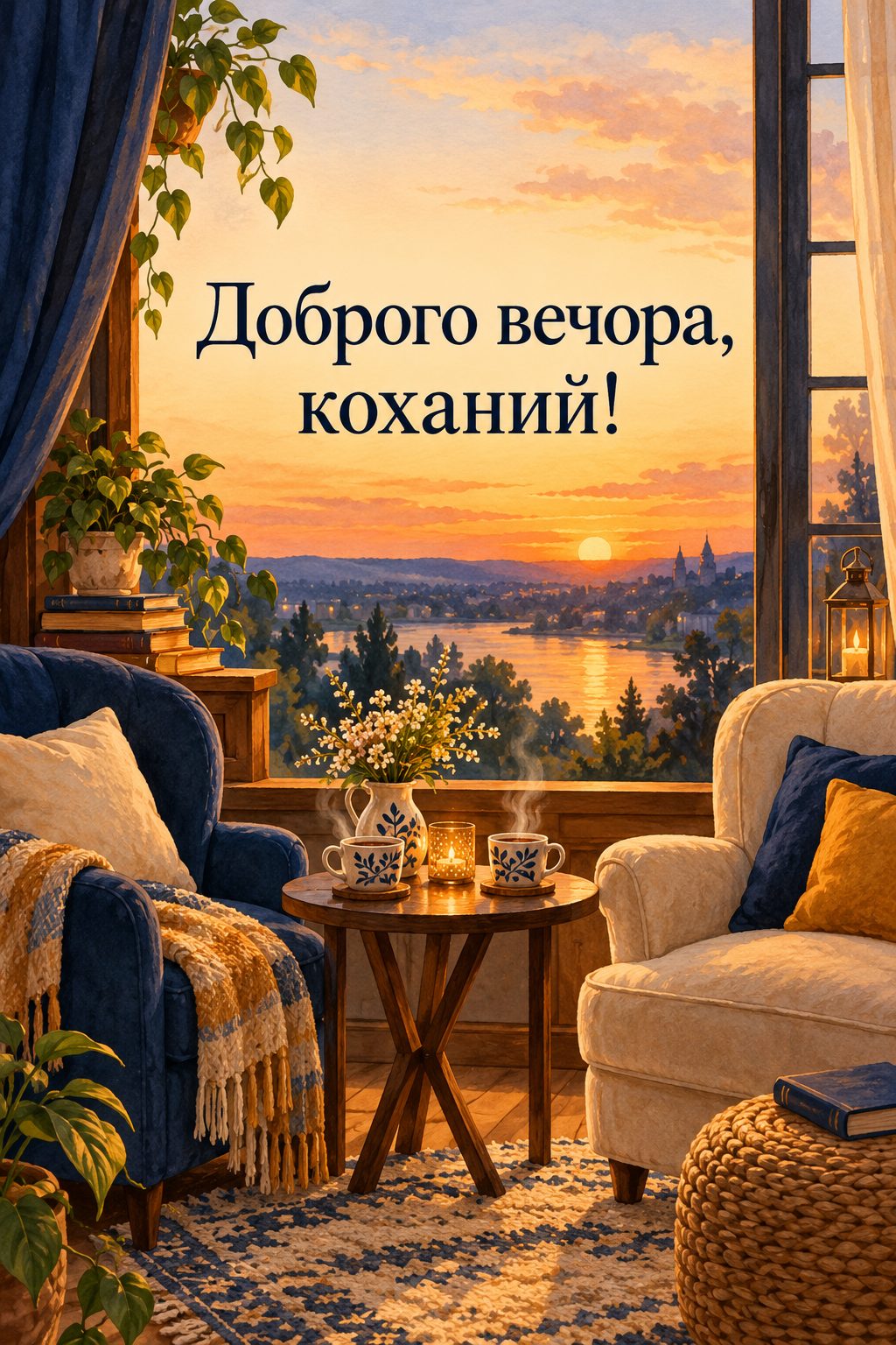 Листівка доброго вечора: два крісла й дві чашки біля вікна із заходом сонця, напис «Доброго вечора, коханий!»