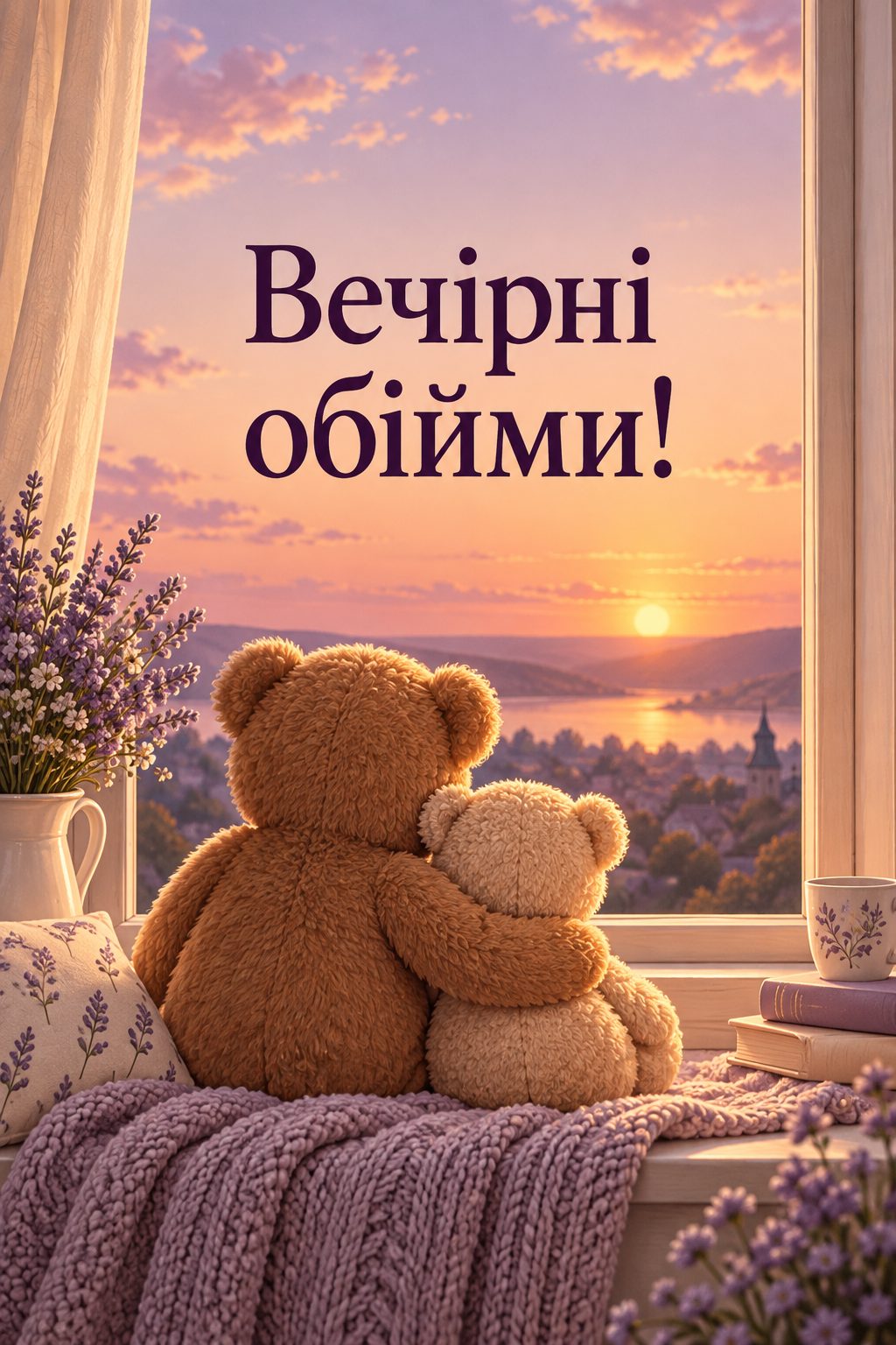 Листівка доброго вечора: два плюшеві ведмедики на підвіконні на заході сонця, напис «Вечірні обійми!»