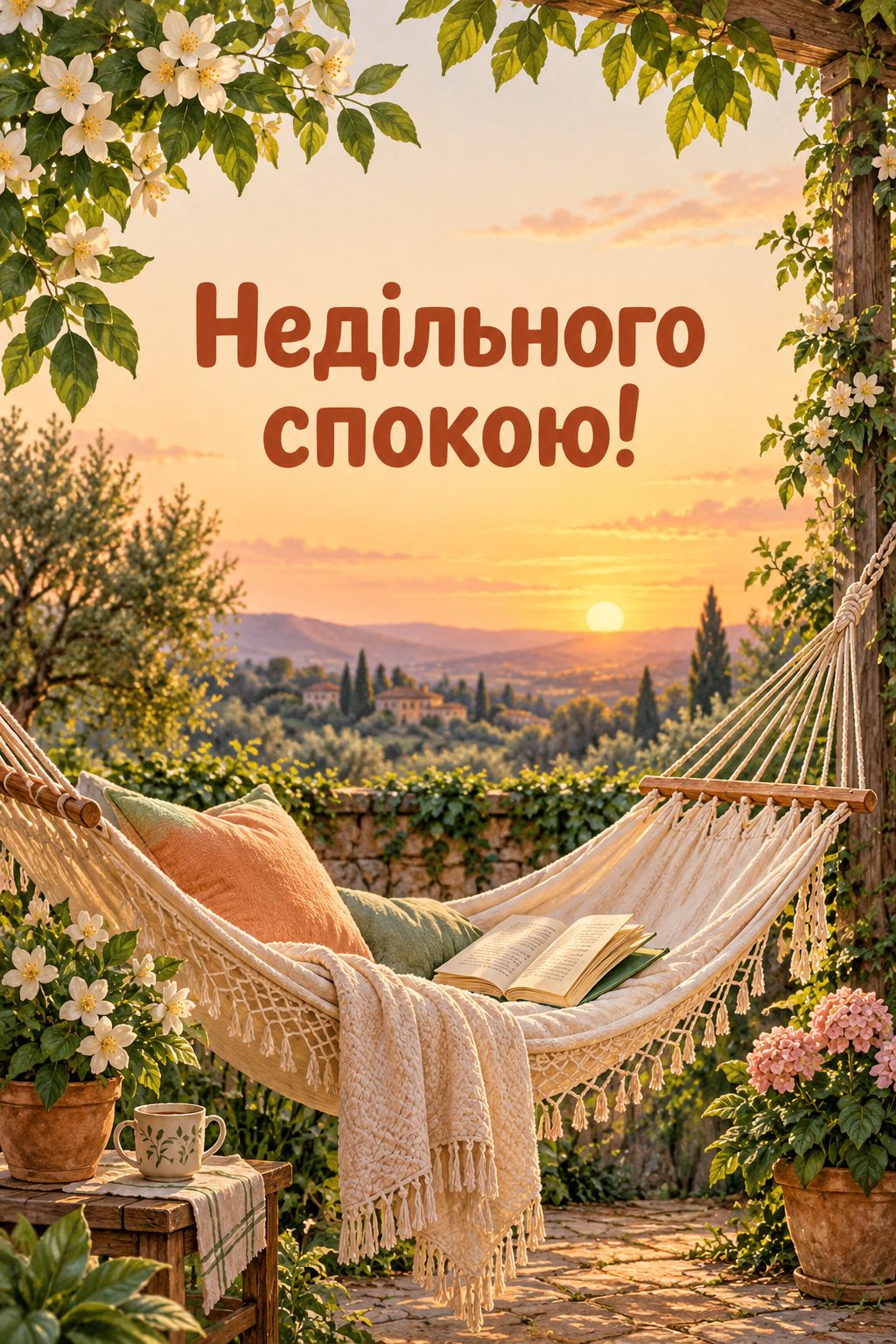 Листівка доброго вечора: гамак у саду на заході сонця, напис «Недільного спокою!»