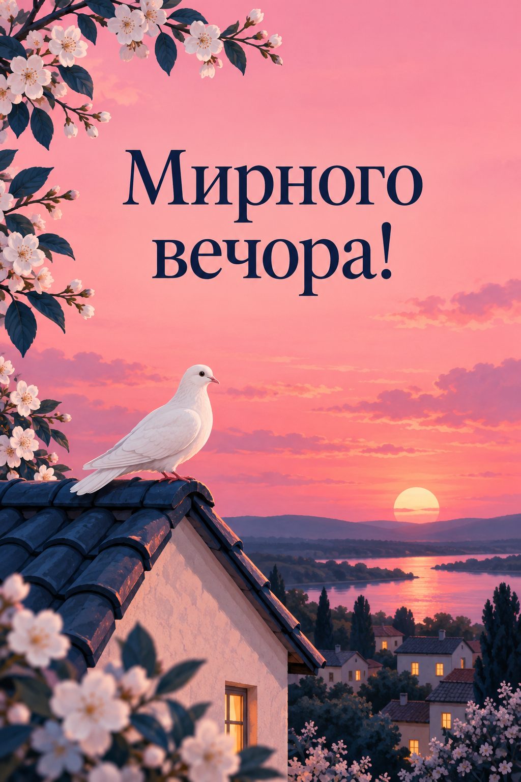Листівка доброго вечора: білий голуб на даху на тлі вечірнього неба, напис «Мирного вечора!»