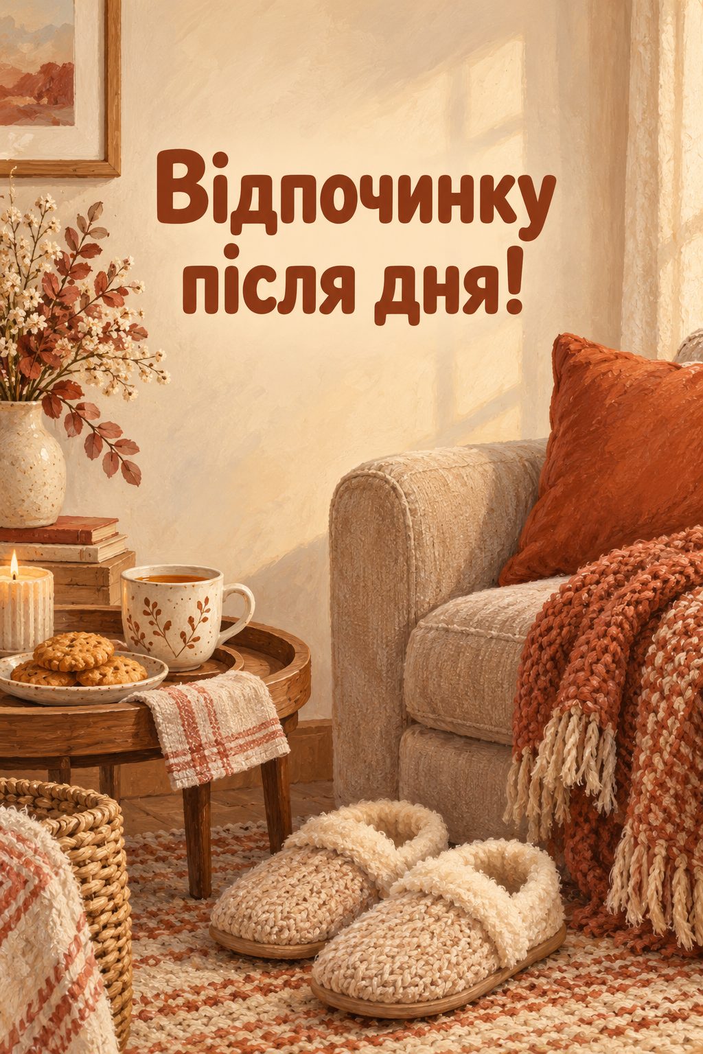 Листівка доброго вечора: капці біля дивана й таця з чаєм і печивом, напис «Відпочинку після дня!»