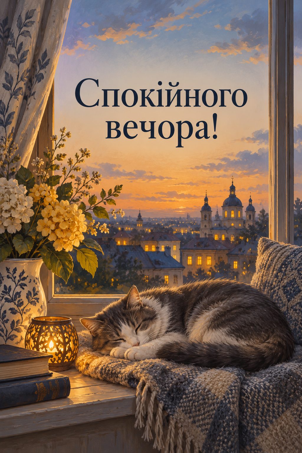 Листівка доброго вечора: кіт спить на підвіконні, за вікном вечірнє місто, напис «Спокійного вечора!»
