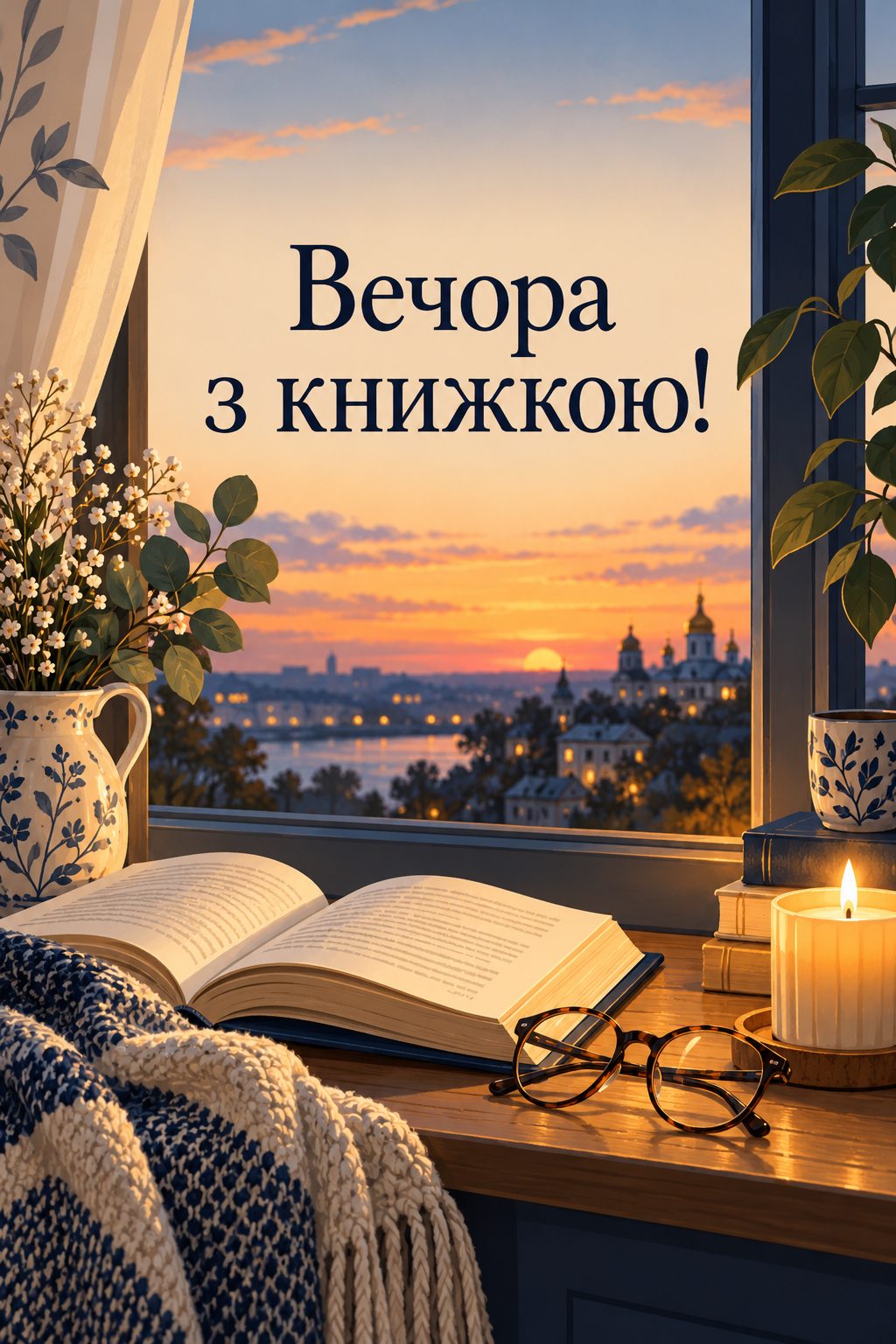Листівка доброго вечора: розгорнута книжка, окуляри й свічка на підвіконні, напис «Вечора з книжкою!»