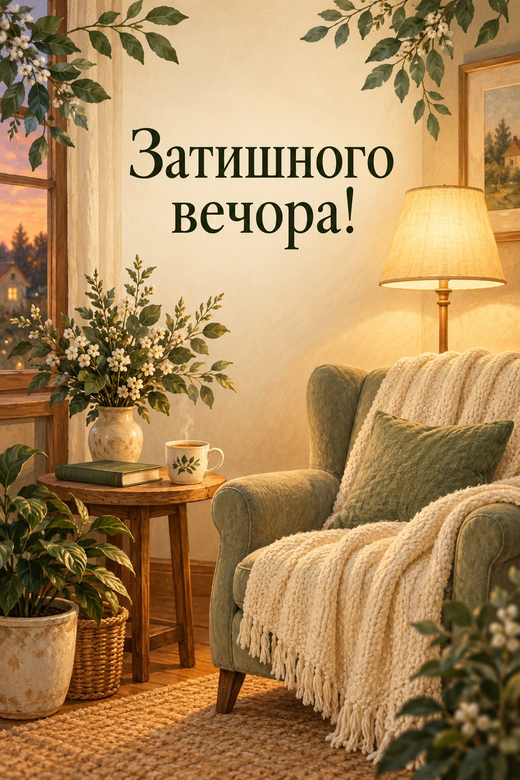 Листівка доброго вечора: крісло з пледом, торшер, книжка й чашка чаю, напис «Затишного вечора!»