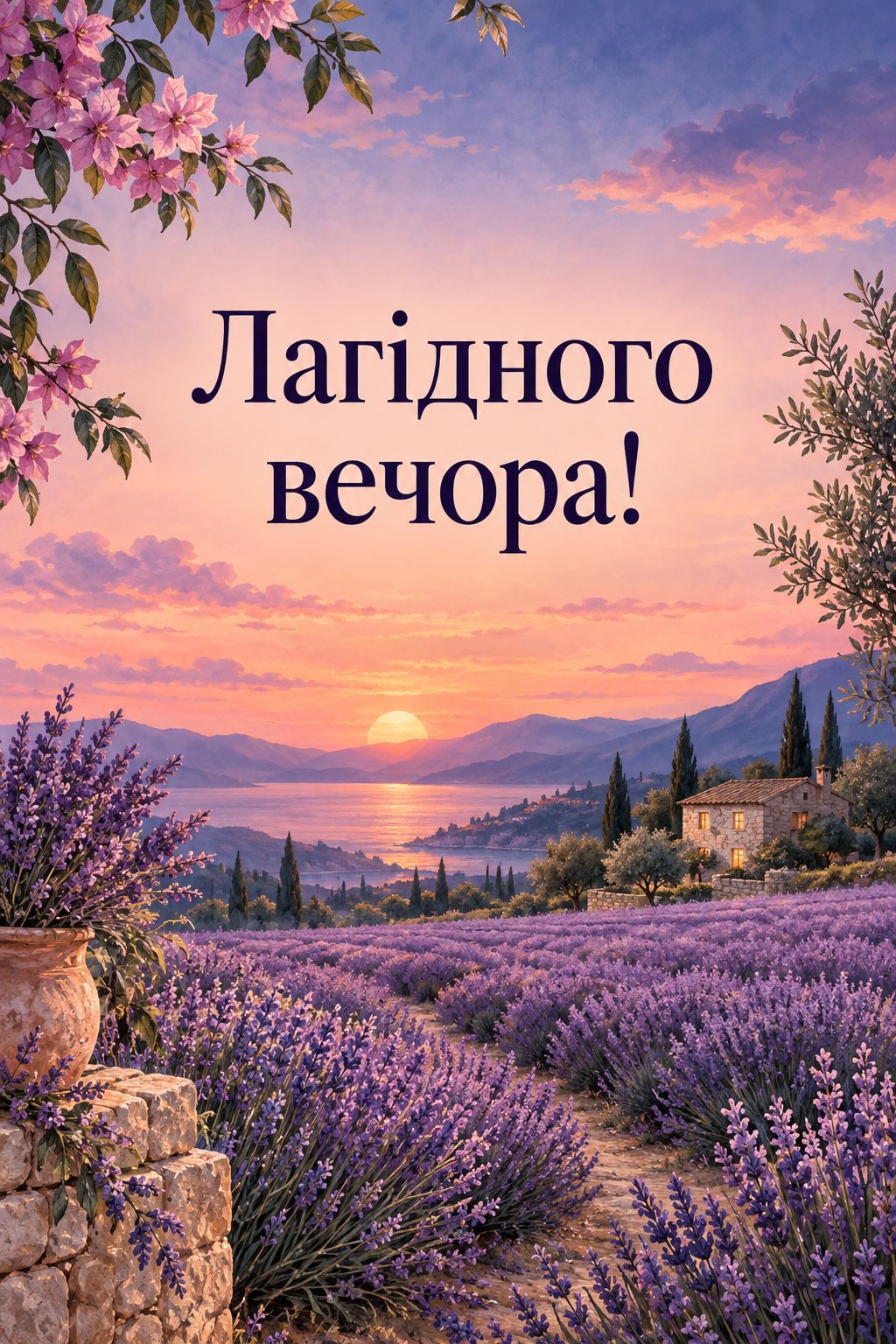 Листівка доброго вечора: лавандове поле в сутінках, напис «Лагідного вечора!»