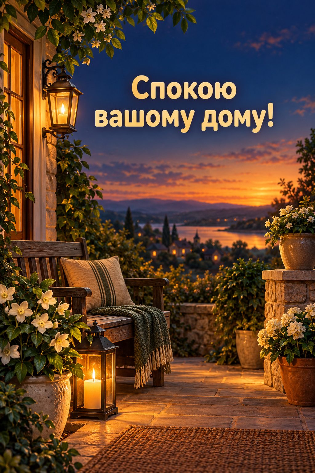 Листівка доброго вечора: ліхтар на ґанку, лавка й квіти в сутінках, напис «Спокою вашому дому!»