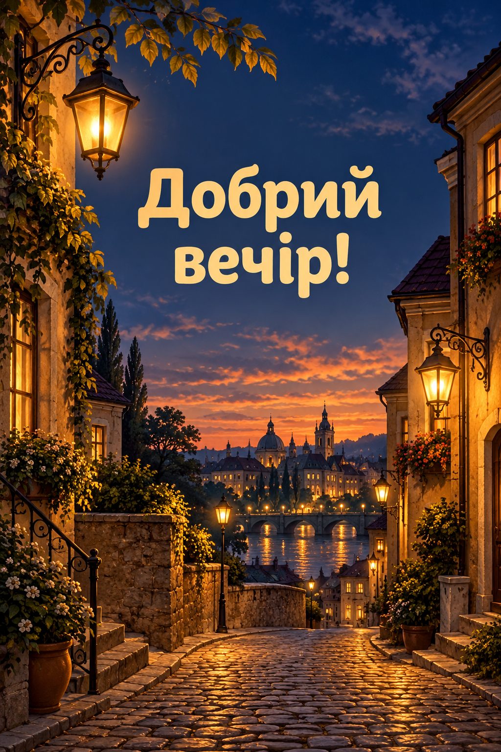 Листівка доброго вечора: ліхтарі на брукованій вуличці в сутінках, напис «Добрий вечір!»