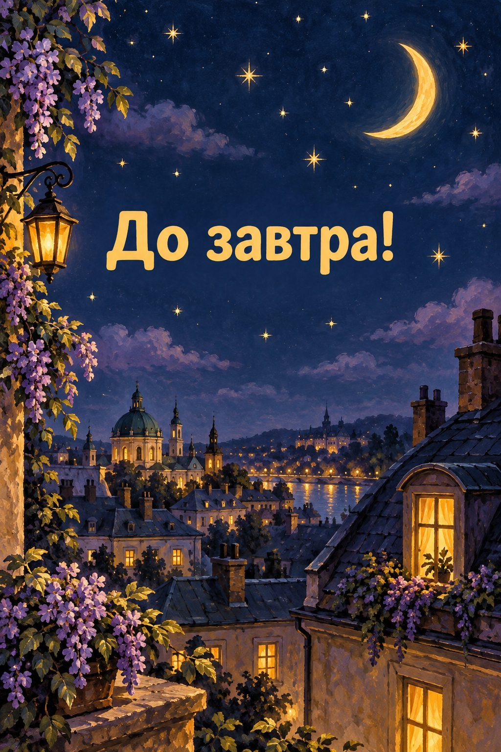 Листівка доброго вечора: місяць і зорі над дахами, напис «До завтра!»