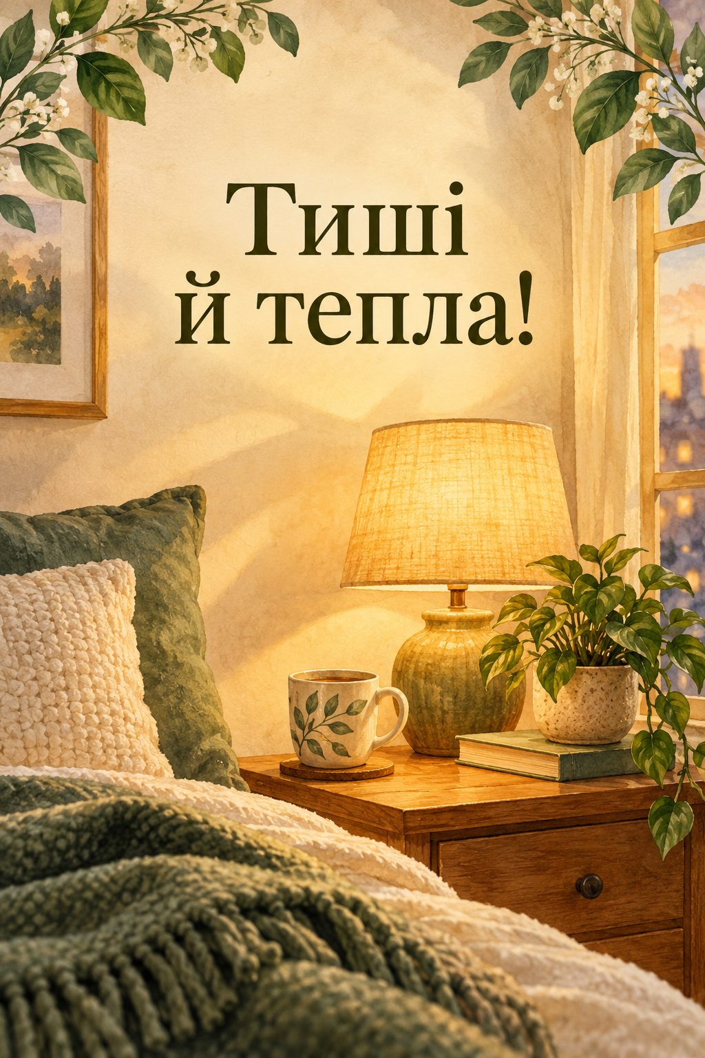 Листівка доброго вечора: настільна лампа, чашка й вазон, напис «Тиші й тепла!»