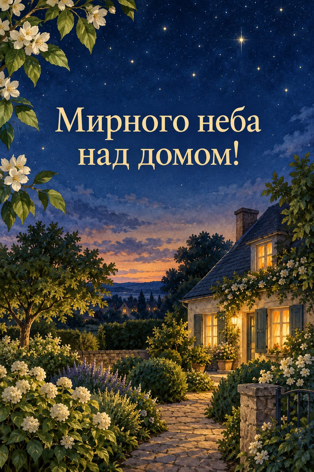 Листівка доброго вечора: ясне вечірнє небо над хатою з садом, напис «Мирного неба над домом!»
