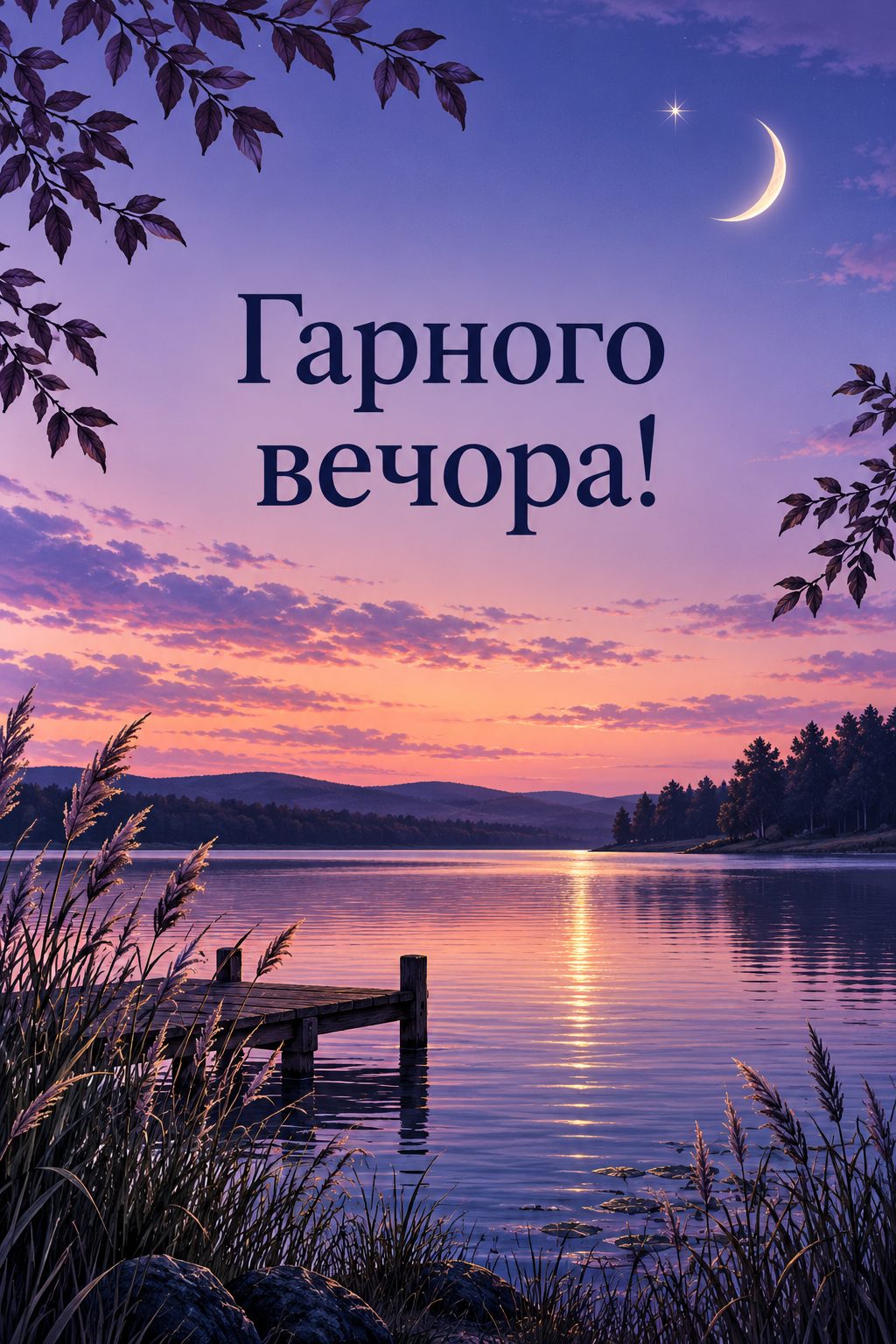 Листівка доброго вечора: озеро в сутінках, місяць і перша зірка, напис «Гарного вечора!»