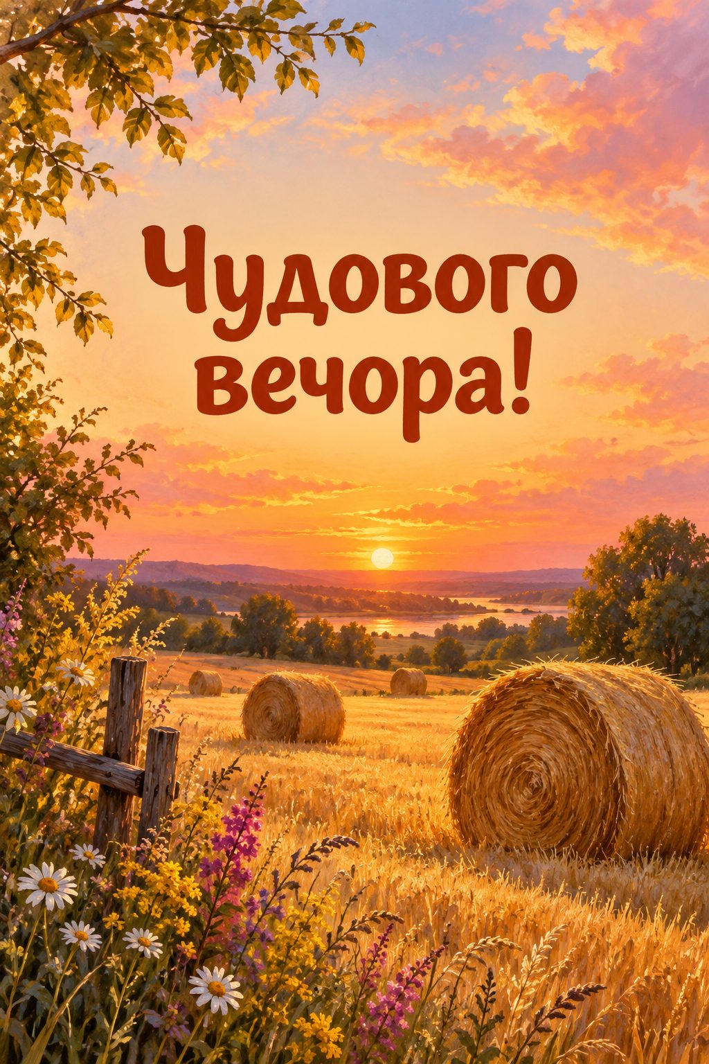 Листівка доброго вечора: поле з копицями на заході сонця, напис «Чудового вечора!»
