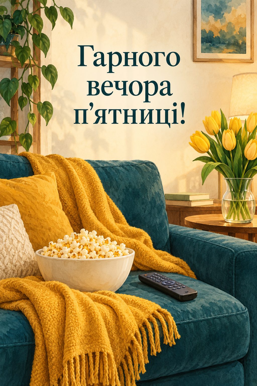 Листівка доброго вечора: миска попкорну, плед і пульт на дивані, напис «Гарного вечора п'ятниці!»