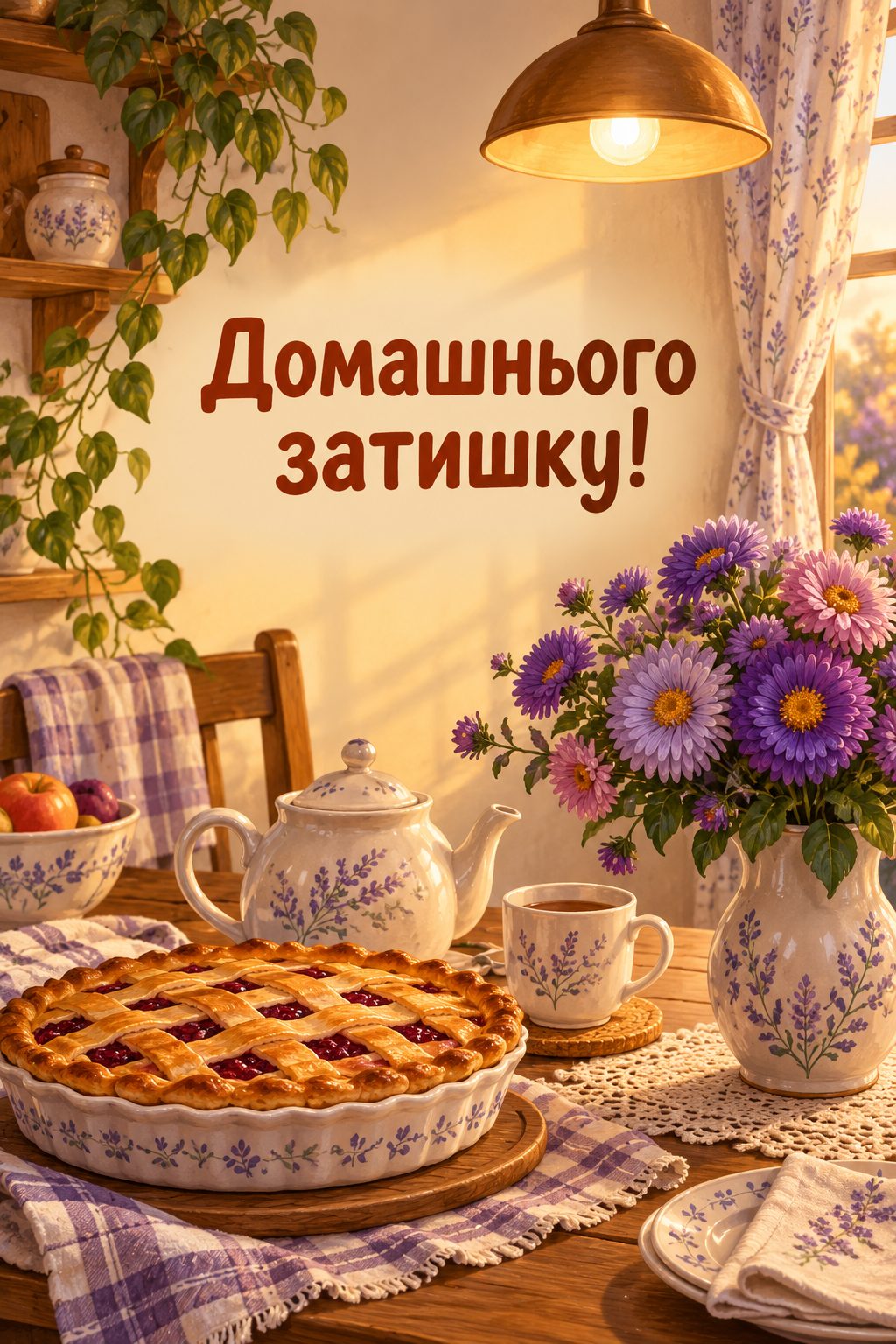 Листівка доброго вечора: пиріг, чайник і айстри на кухонному столі, напис «Домашнього затишку!»