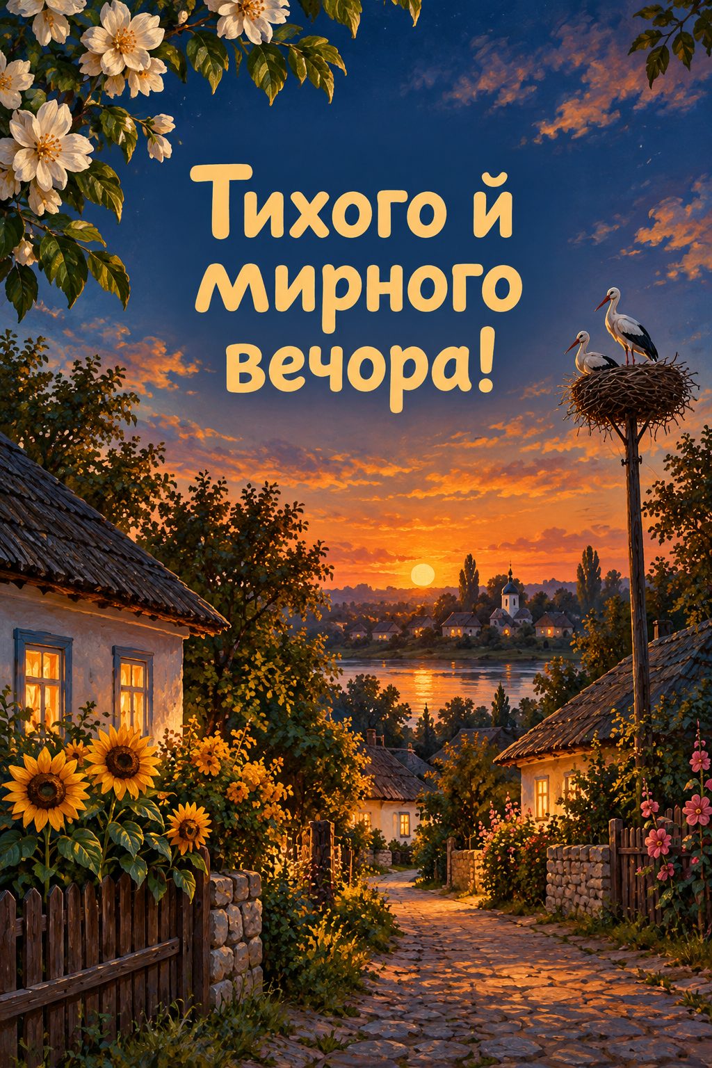 Листівка доброго вечора: тиха сільська вулиця в сутінках і лелече гніздо, напис «Тихого й мирного вечора!»