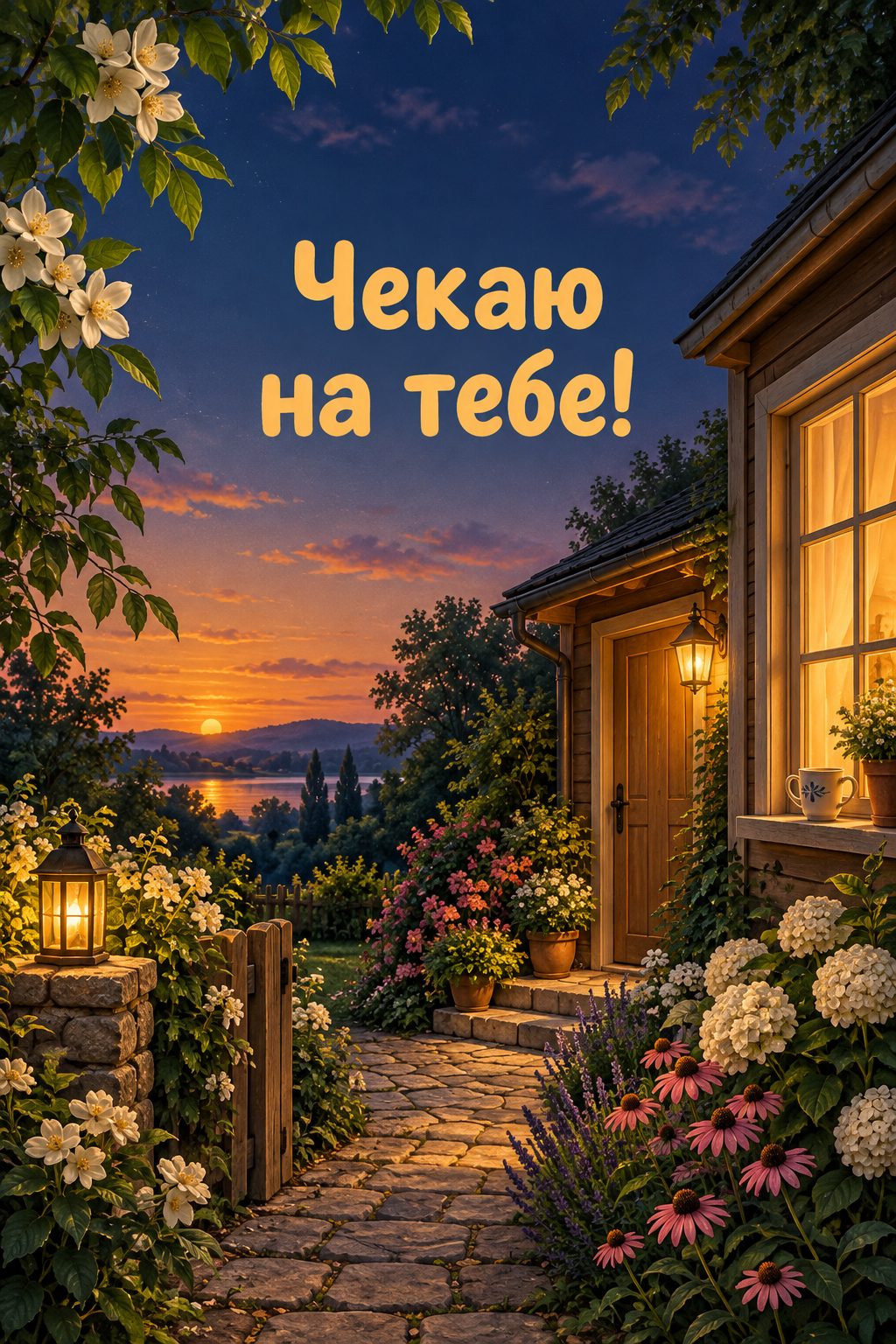 Листівка доброго вечора: освітлене вікно й стежка до дверей, напис «Чекаю на тебе!»