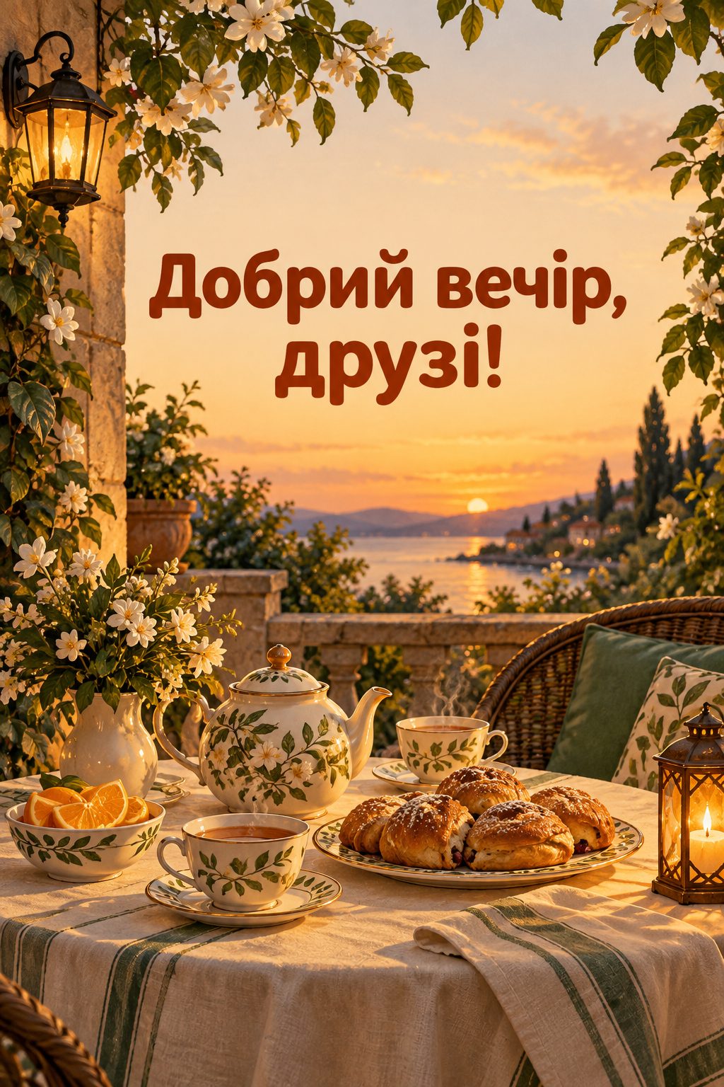 Листівка доброго вечора: стіл на терасі з чайником, чашками й випічкою, напис «Добрий вечір, друзі!»