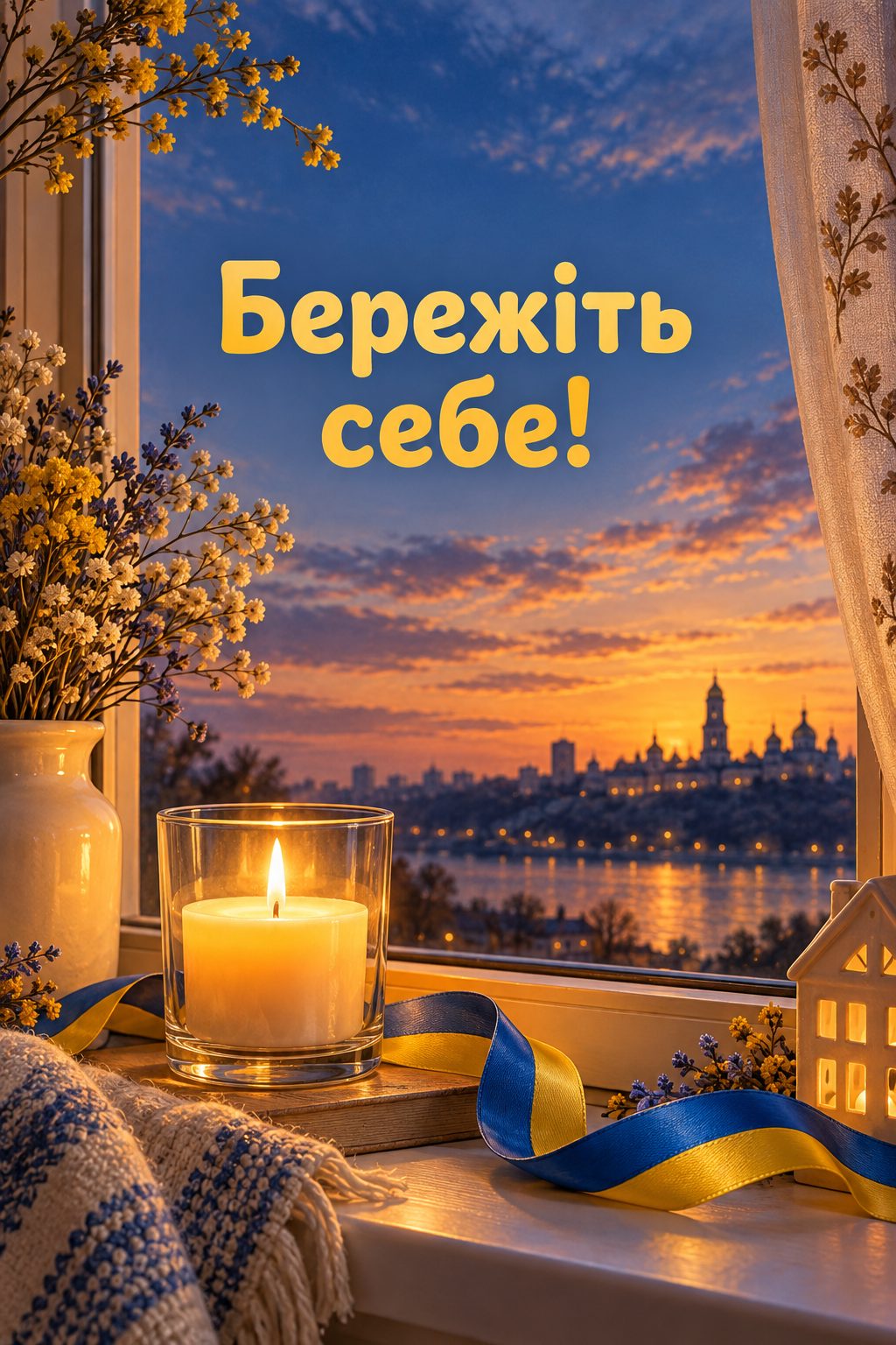 Листівка доброго вечора: свічка на підвіконні й жовто-блакитна стрічка, напис «Бережіть себе!»
