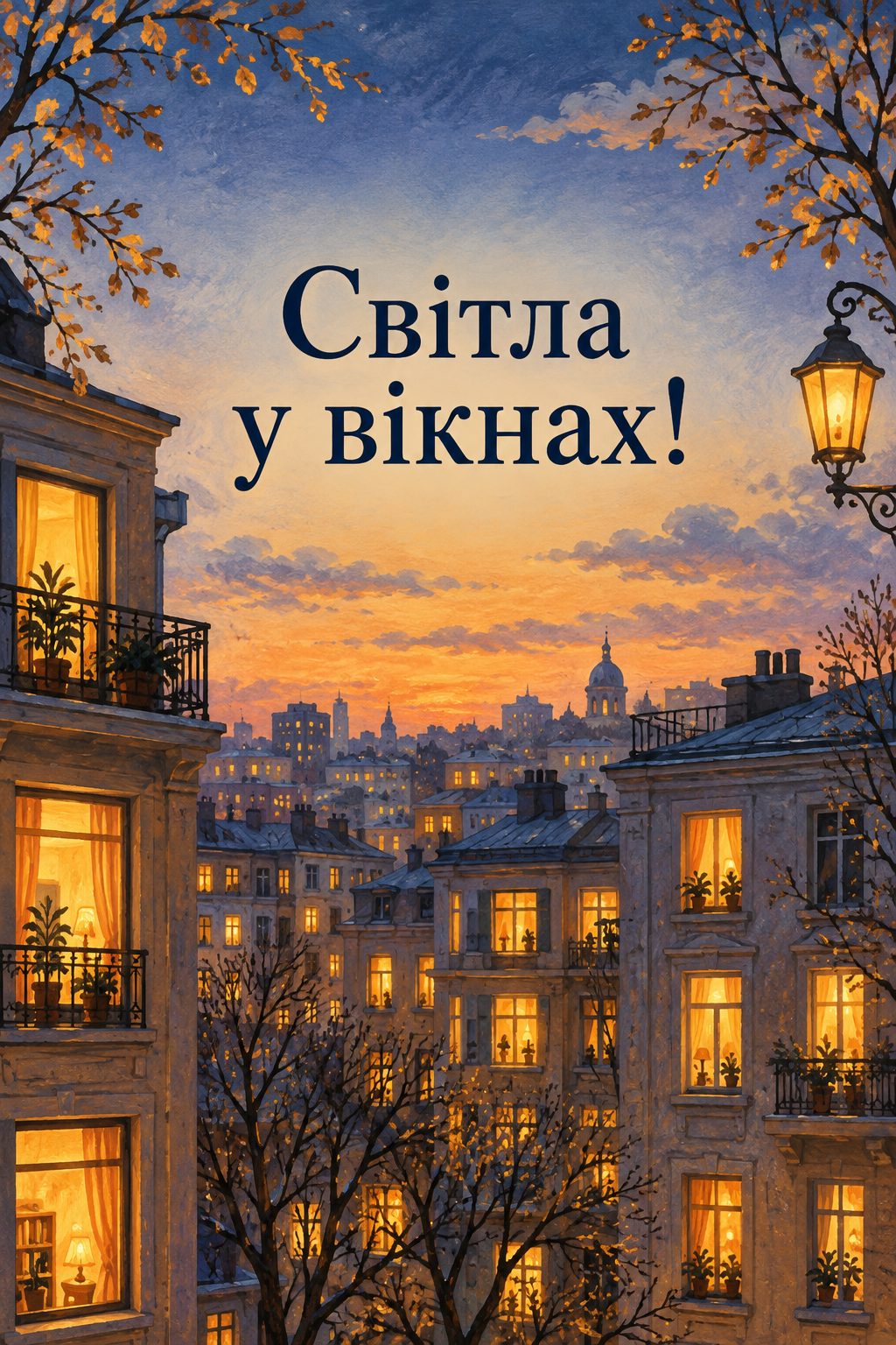 Листівка доброго вечора: багатоповерхівка з теплим світлом у вікнах, напис «Світла у вікнах!»