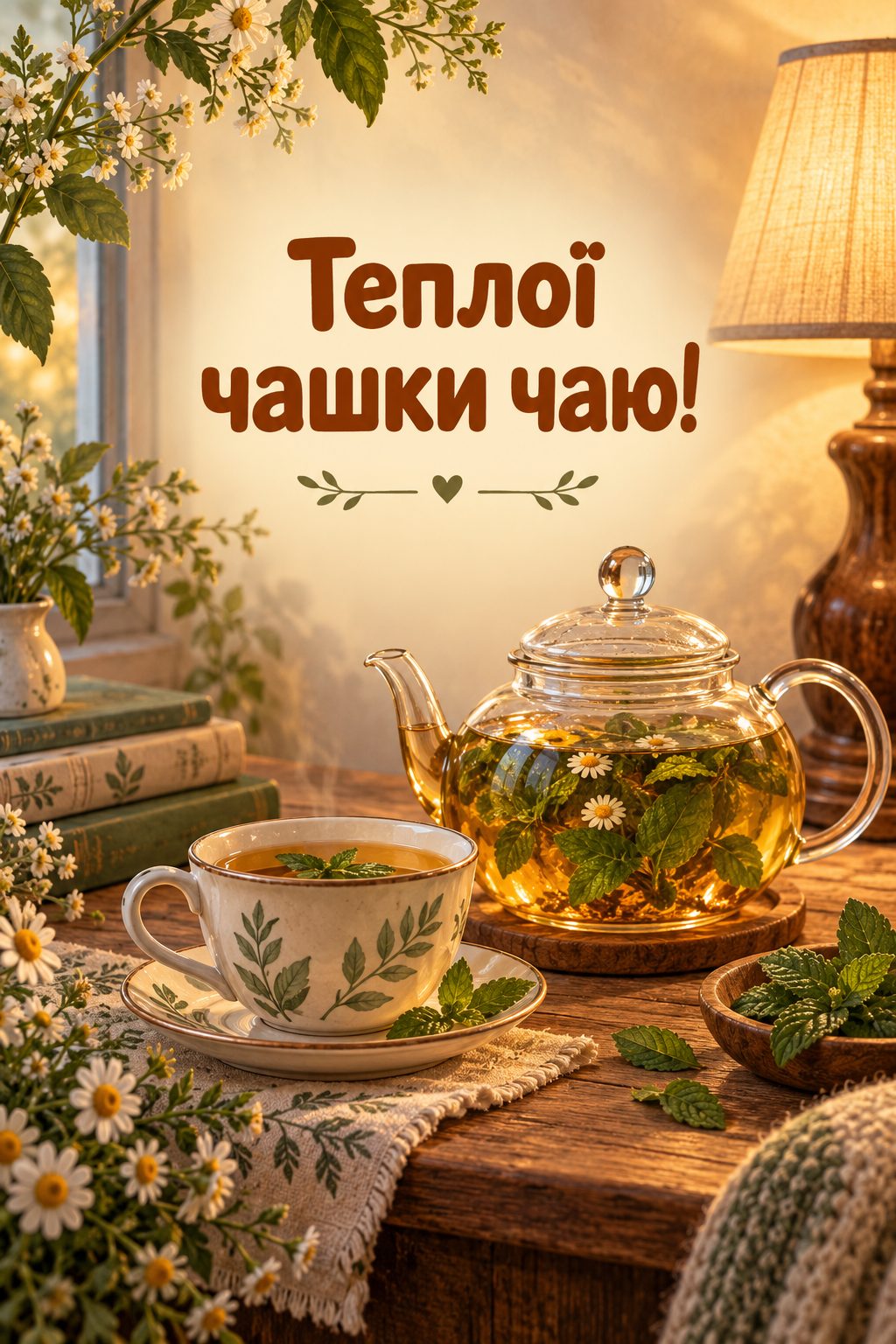 Листівка доброго вечора: чайник і чашка трав'яного чаю у світлі лампи, напис «Теплої чашки чаю!»