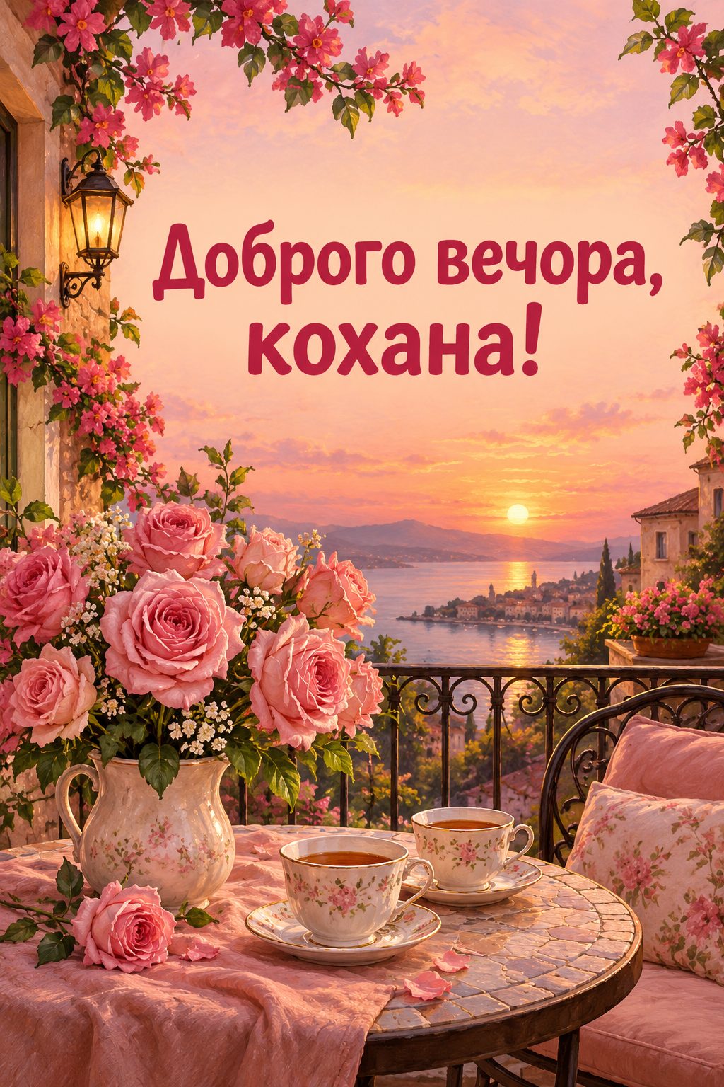 Листівка доброго вечора: рожеві троянди й дві чашки чаю на балконі, напис «Доброго вечора, кохана!»