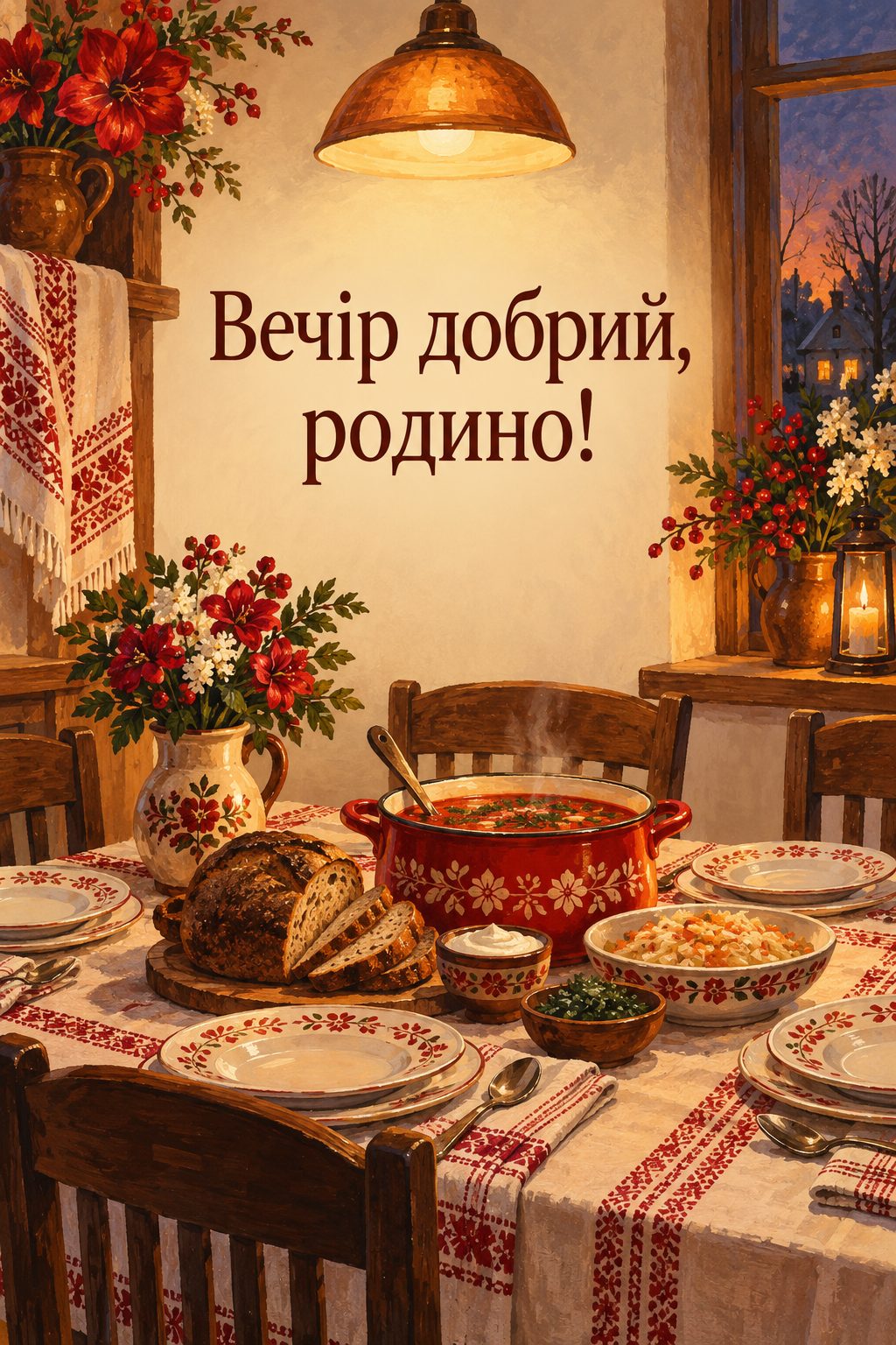 Листівка доброго вечора: накритий до вечері стіл під теплою лампою, напис «Вечір добрий, родино!»