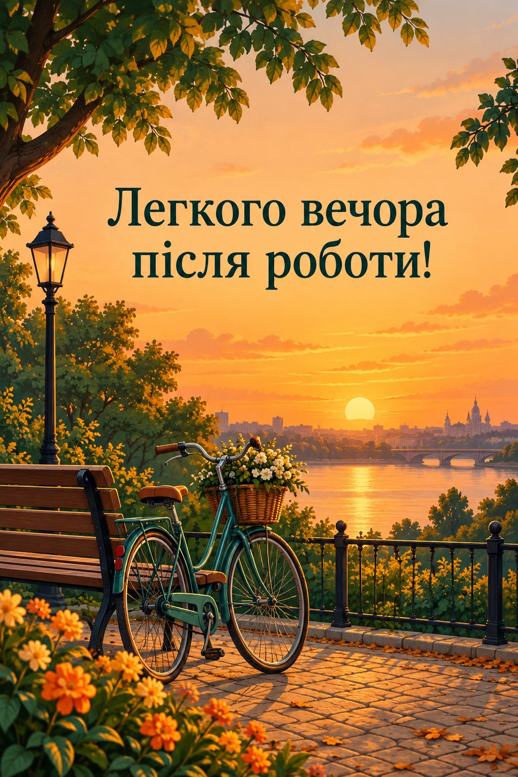 Листівка доброго вечора: велосипед біля лавки в парку на заході сонця, напис «Легкого вечора після роботи!»