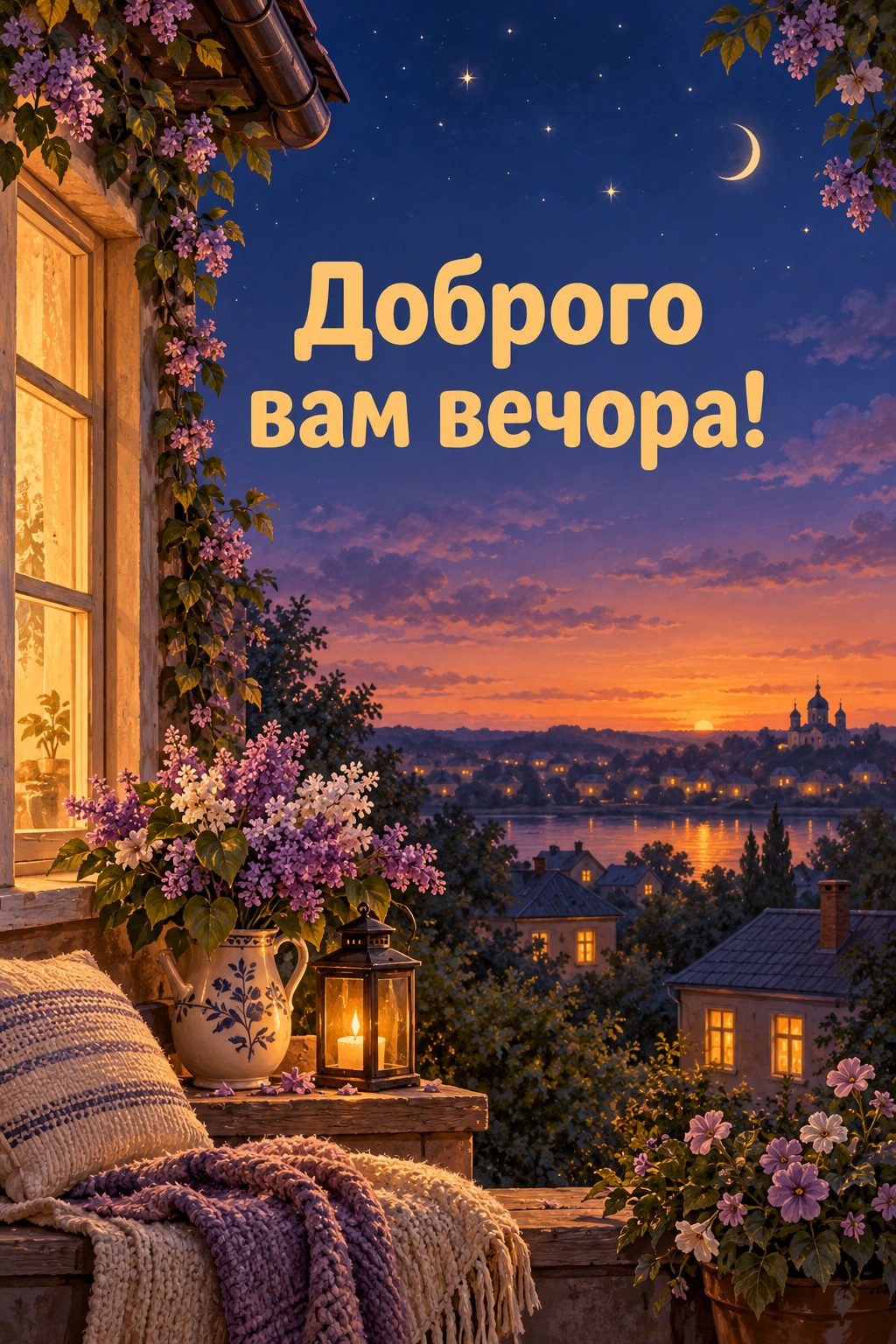 Листівка доброго вечора: освітлене вікно під вечірнім небом, напис «Доброго вам вечора!»
