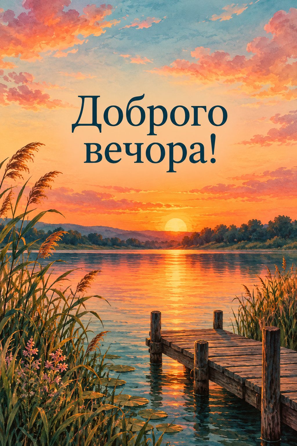 Листівка доброго вечора: захід сонця над річкою й дерев'яний причал, напис «Доброго вечора!»
