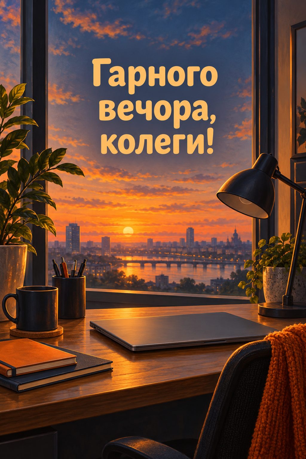 Листівка доброго вечора: закритий ноутбук на столі й захід сонця за вікном офісу, напис «Гарного вечора, колеги!»