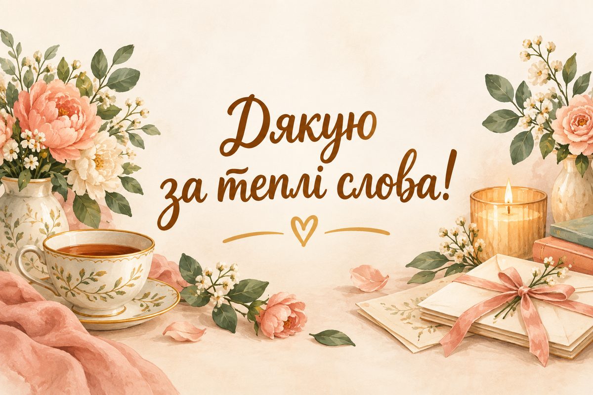 Листівка «Дякую за привітання»: чай, свічка й листи з квітами, напис «Дякую за теплі слова!»