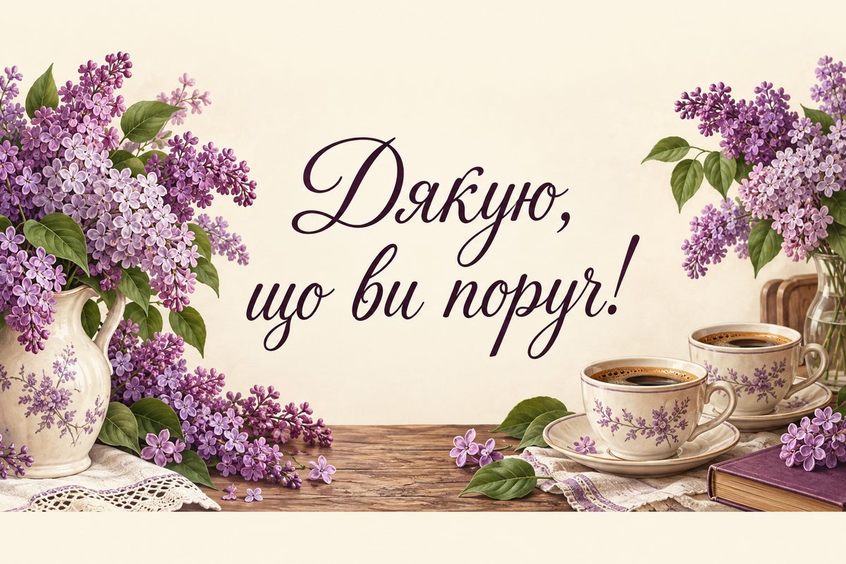 Листівка «Дякую за привітання»: дві чашки кави й букет бузку, напис «Дякую, що ви поруч!»