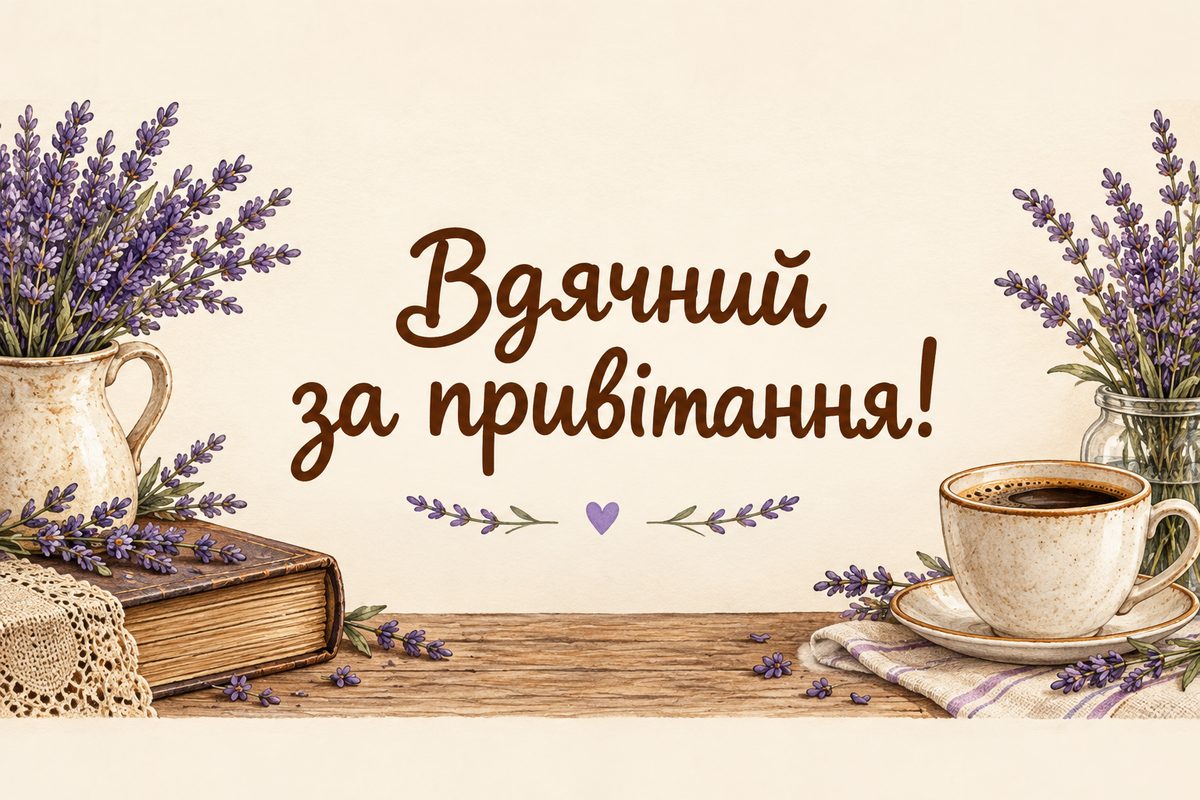 Листівка «Дякую за привітання»: кава, книга й гілочка лаванди, напис «Вдячний за привітання!»