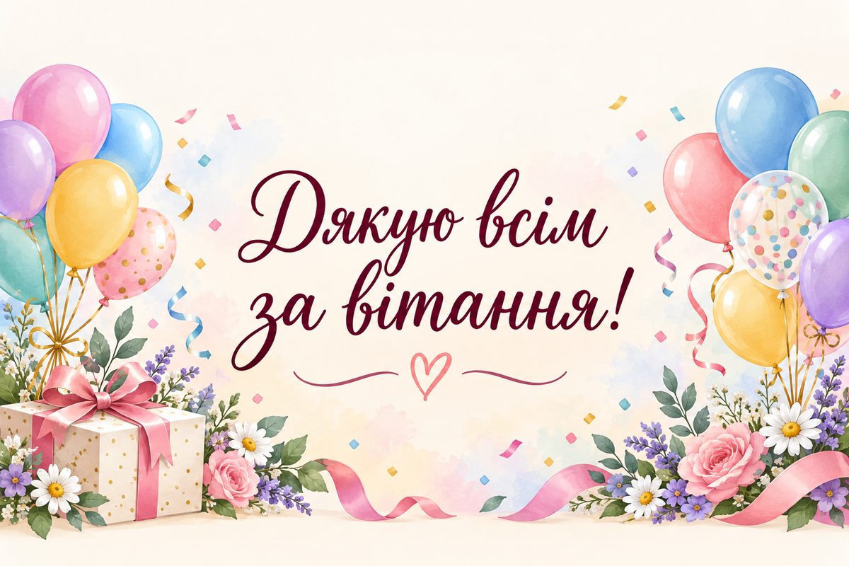 Листівка «Дякую за привітання»: кольорові кульки й конфеті над подарунком, напис «Дякую всім за вітання!»