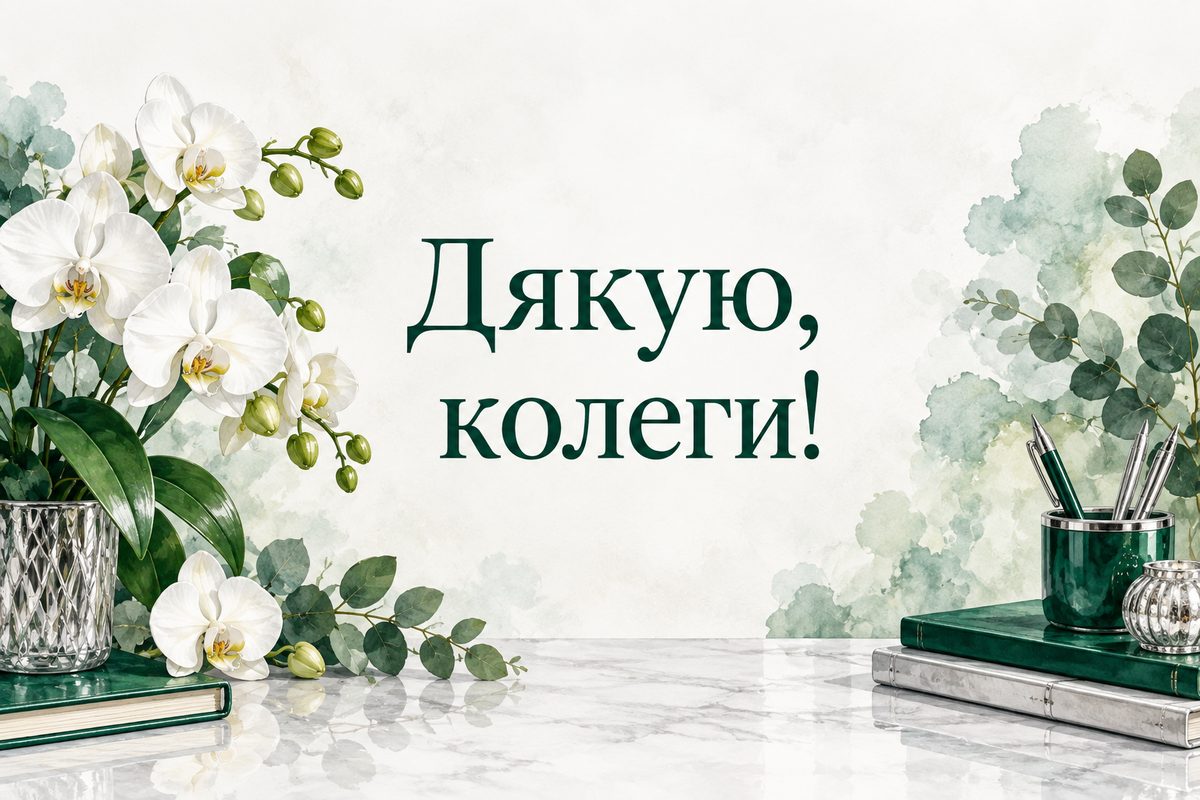 Листівка «Дякую за привітання»: білі орхідеї на робочому столі, напис «Дякую, колеги!»