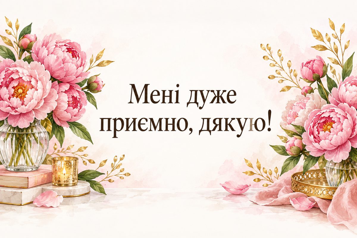 Листівка «Дякую за привітання»: рожеві півонії у скляній вазі, напис «Мені дуже приємно, дякую!»