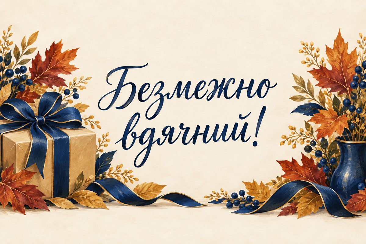 Листівка «Дякую за привітання»: подарунок із синьою стрічкою й осіннє листя, напис «Безмежно вдячний!»