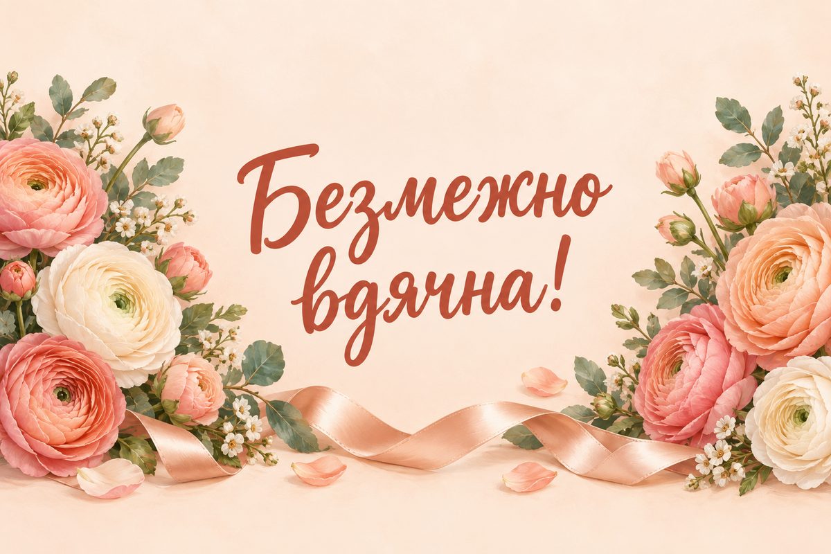 Листівка «Дякую за привітання»: ранункулюси й шовкова стрічка, напис «Безмежно вдячна!»