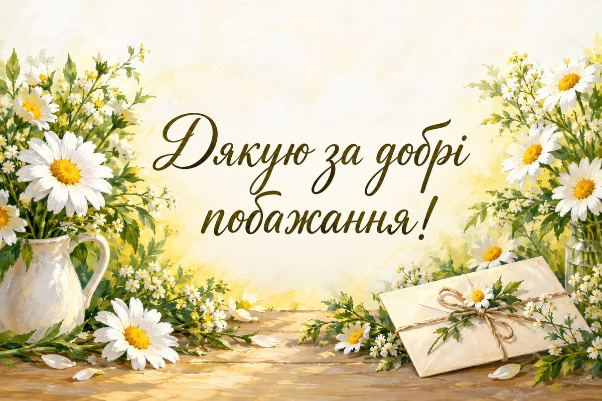 Листівка «Дякую за привітання»: ромашки й підписаний конверт, напис «Дякую за добрі побажання!»