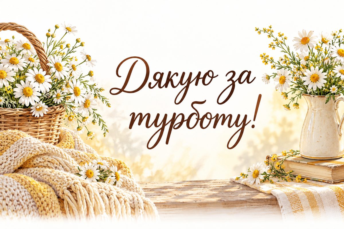 Листівка «Дякую за привітання»: кошик ромашок і вʼязаний плед, напис «Дякую за турботу!»
